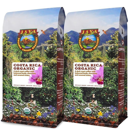 Low Acid Organic Coffee – Whole Bean, Mold-Free & Stomach Friendly by Java Planet, Costa Rican Single Origin Coffee, Dark Roast, Smooth Full Flavored, 2x1LB Bag