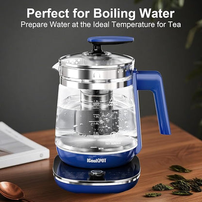 Electric Kettle, 1.5L Borosilicate Glass Hot Water Kettle Electric & Tea Kettle for Coffee or Tea, BPA Free, Auto Shut-Off, Stainless Steel, Blue, 1200w