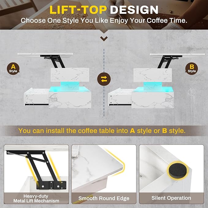 SEDETA 40" Lift Top Coffee Table, Coffee Tables with Storage for Living Room, Small Coffee Table with 2 Drawers & LED Light for Dining Reception Room, White Marble