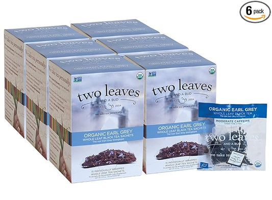 Two Leaves and a Bud Organic Earl Grey Tea Bags, Whole Leaf Caffeinated Black Tea in Compostable Sachets, Caffeinated Black Tea Flavored with Bergamot, Add Milk and Sugar, 15 Count (Pack of 6)