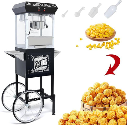 Vintage Popcorn Machine with Cart, 8oz Popper Stainless-Steel Kettle & Warming Light, Makes Up to 32 Cups, Ideal for Family Gatherings, Movie Theaters & Amusement Parks, Black