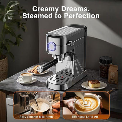 Crzoe Espresso Machine 20 Bar, Compact 1350W Espresso Maker with Steam Milk Frother, Semi-Automatic Coffee Machine, Fast Heating, for Cappuccino, Latte, 1.2L Removable Water Tank (Stainless Steel
