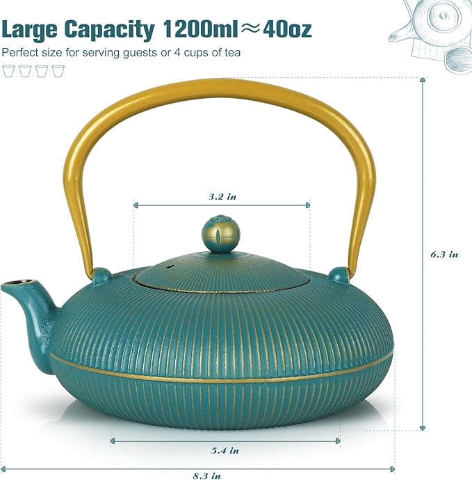 Green Cast Iron Teapot Large Capacity 40oz/1200ml with Infuser for Loose Leaf Stovetop Safe Vertical Stripe Flat Tea Kettle, Enameled Interior
