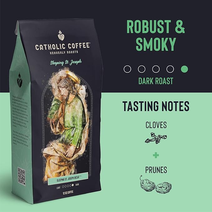 Catholic Coffee Sleeping St. Joseph | Decaf Dark Roast Ground Coffee – Clove & Prune Notes | 12oz Bag – Peaceful Catholic Gift for Evening Reflection (Pack of 2)