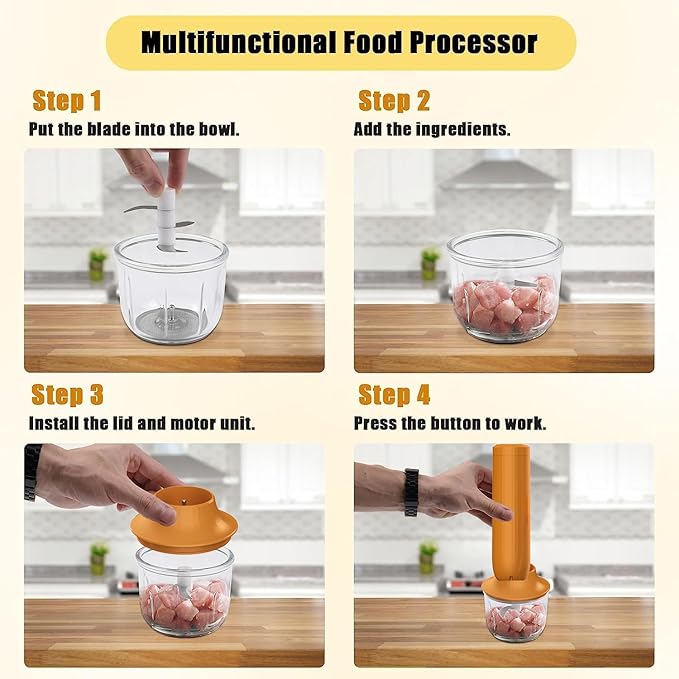 4-in-1 Electric Hand Mixer, Electric Whisk, Mini Onion Chopper 10Oz, Small Cordless Hand Blender, Milk Frother Wand for Coffee, Matcha, 4 Speed Rechargeable Food Processor for Baby Food Maker