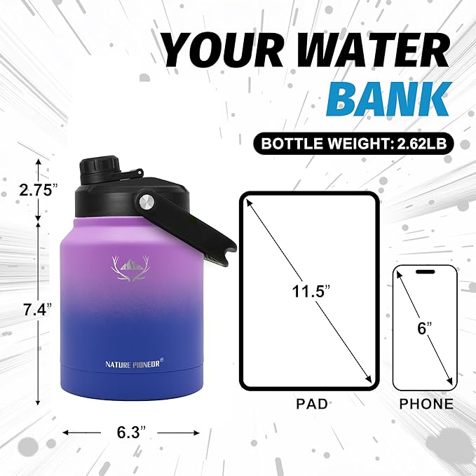 NATURE PIONEOR Insulated Water Bottles with Strap Pouch - 84 oz Stainless Steel Vacuum Bottle with Holder/Carrier/Sleeve - 18/8 Food Grade 84oz Water Jug