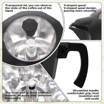 Electric Aluminum Moka Pot 5-6 Cup 270ml Espresso Maker with Detachable Base Ideal Coffee Makers for Home MochaPot Italian and Cuban Café Coffeemaker Espressomaker CoffeePot Black