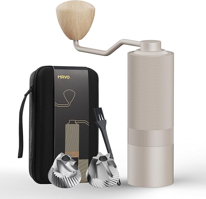 MAVO Manual Coffee Grinder, Wizard Hand Coffee Grinder, Capacity 25g with 2PCS CNC Stainless Steel Conical Burr -Pentagon and Hexagonal, Burr Coffee Bean Grinder for French Press, Pour Over, Silver
