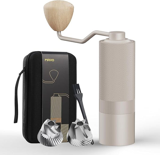 MAVO Manual Coffee Grinder, Wizard Hand Coffee Grinder, Capacity 25g with 2PCS CNC Stainless Steel Conical Burr -Pentagon and Hexagonal, Burr Coffee Bean Grinder for French Press, Pour Over, Silver