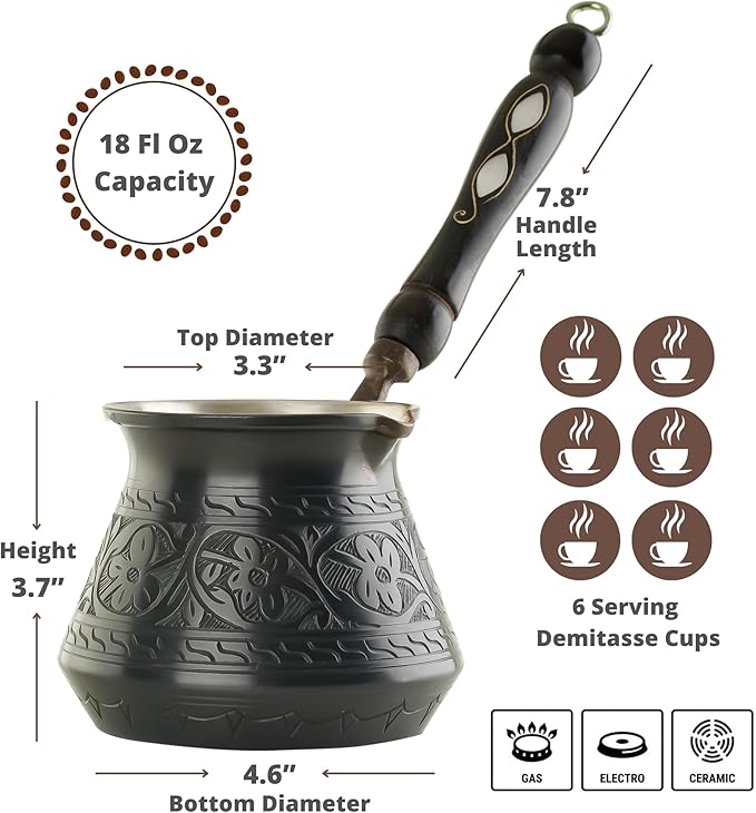 BCS 18 Oz X-Large Copper Turkish Greek Arabic Coffee Pot with Wooden Handle (6 servings) Cezve Briki Ibrik Stovetop Coffee Maker (Includes Wooden Spoon)