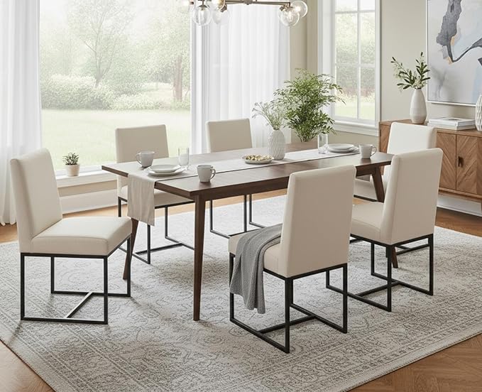 CIMOTA Modern Linen Dining Chair Set of 8, Mid Century Dining Room Chairs Fabric Upholstered Armless Side Chair with Black Sled Base for Dining Room, White Cream 8PCS