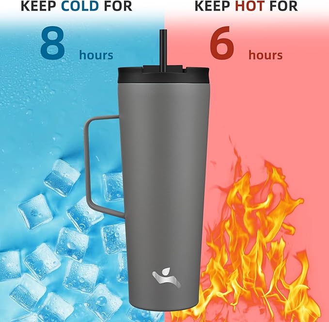 Insulated Tumbler with Handle and Straw, 26 OZ Travel Coffee Mug Stainless Steel Cup Metal Water Bottle,Grey