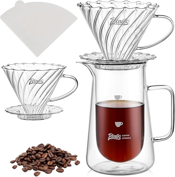 Double Wall Pour Over Coffee Maker Set - 400ml Insulated Glass Carafe with Handle, Dripper & 50 Filters, Coffee Server for Pour Over, Borosilicate Glass for Coffee, Tea, Cocktails & All Beverages