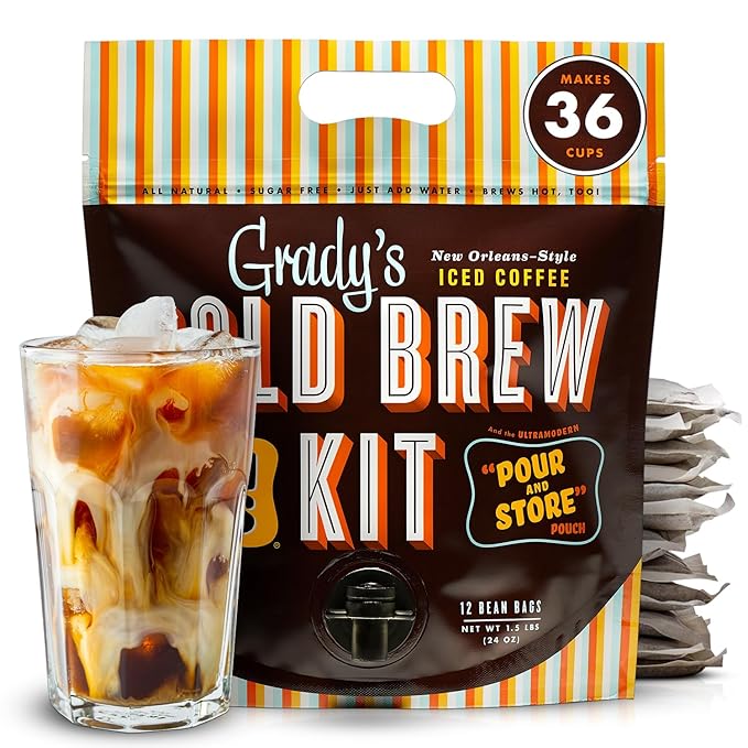 GRADY'S COLD BREW, French Vanilla, 100% Arabica Ground Coffee & Chicory Pouches, All-in-One Cold Brew Kit with 12 Easy-to-Brew Bags, Makes 36 Drinks
