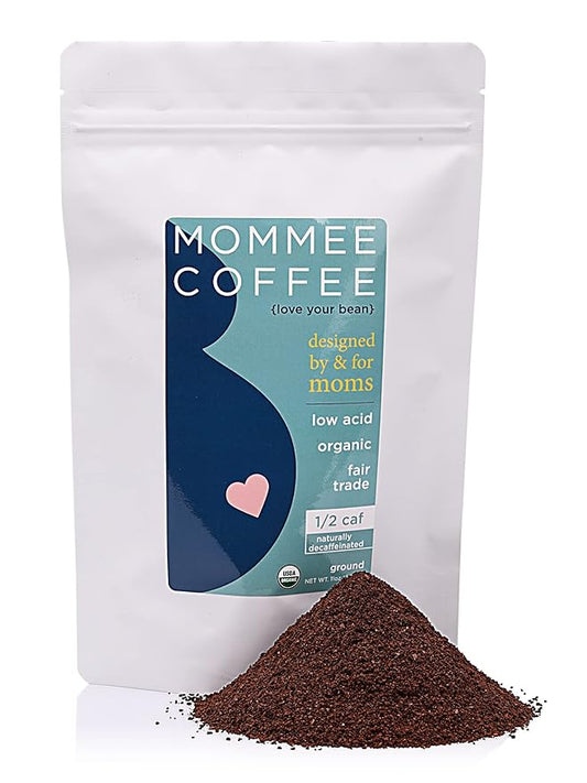 Mommee Coffee Half Caf Ground Low Acid Coffee - 100% Arabica Organic Coffee Beans with Smooth Caramel Flavor - Medium Grind for Drip, Reusable One Cup Filters - 11 oz