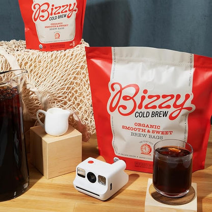 Bizzy Organic Cold Brew Coffee | Smooth & Sweet Blend | Coarse Ground Coffee | Medium Roast | Micro Sifted | Specialty Grade | 100% Arabica | Brew Bags | 12 Count | Makes 42 Cups