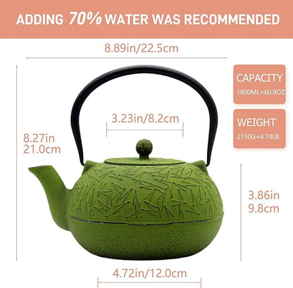 YJX 60.9oz Large Cast Iron Teapot, Big Tea Kettle for Stovetop Safe, Green Cast Iron Kettle Teapot with Stainless Steel Infuser for Loose Tea and Tea Bags(1800ml)
