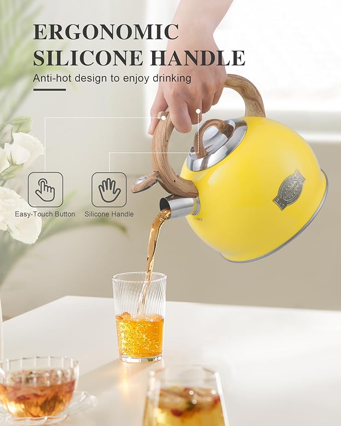 Tea Kettle for Stovetop, 2.7 Quart Loud Whistle Stovetop Teapots,Food Grade Stainless Steel Tea kettles for Stove Top with Anti-hot Ergonomic Handle,Suitable for All Heat Sources,Yellow