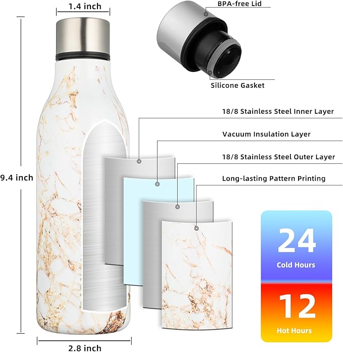 BJPKPK Insulated Water Bottles, 18 oz Stainless Steel Metal Water Bottle with Strap, BPA Free Leak Proof Jugs, Mugs, Flasks, Reusable Thermal Flasks for Sports & Travel, Marble-Amber