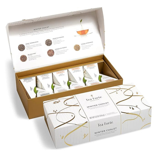 Tea Forte Winter Chalet Petite Presentation Box Tea Gift Set Sampler, 10 Count, 2 of Each Variety Individually Wrapped Handcrafted Pyramid Infuser Bags