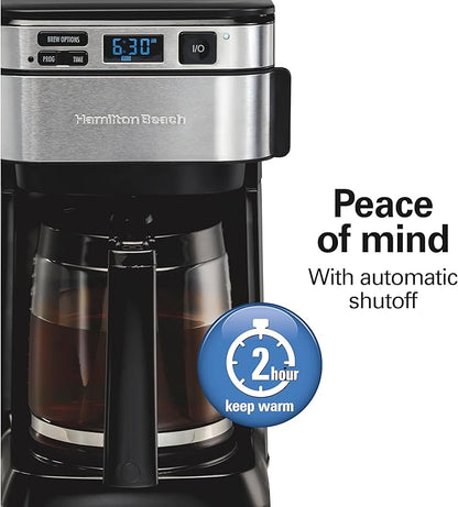 Hamilton Beach Programmable Drip Coffee Maker, 12 Cups, Front Access Easy Fill, Pause & Serve, 3 Brewing Options, Black (46310)