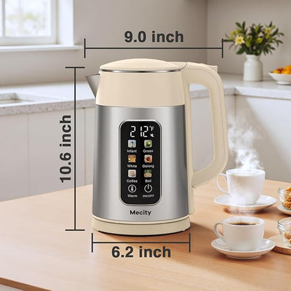 Mecity Electric Kettle 1.7L Touch Screen Temperature Control Water Boiler, No Plastic Contact with Water. 6 Presets For Tea and Coffee, 2 Hours Keep Warm, Cream & Stainless Steel Color