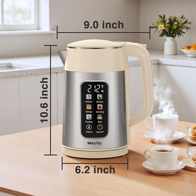 Mecity Electric Kettle 1.7L Touch Screen Temperature Control Water Boiler, No Plastic Contact with Water. 6 Presets For Tea and Coffee, 2 Hours Keep Warm, Cream & Stainless Steel Color