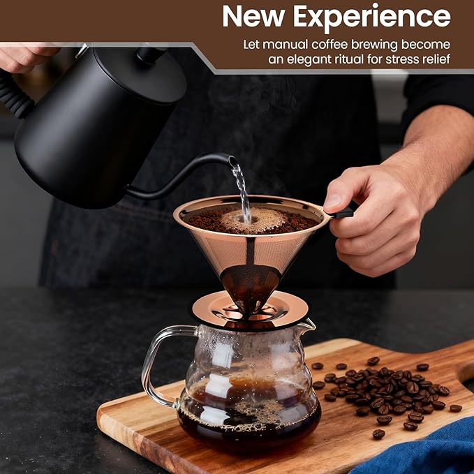 【2.0 Upgraded】 Pour Over Coffee Dripper, Stainless Steel Drip Cone Brewer, Reusable Metal Coffee Strainer with Non-Slip Ring & Handle, Paperless Pour Over Coffee Maker (2.0 Titanium Copper)