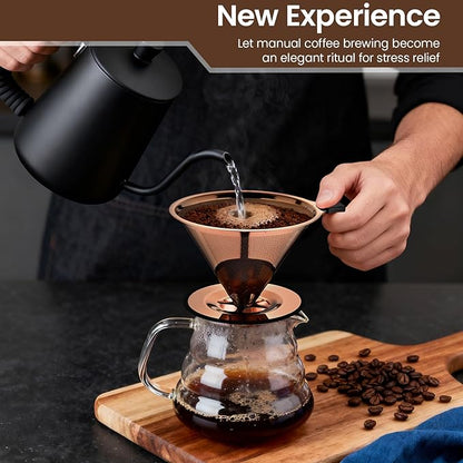 【2.0 Upgraded】 Pour Over Coffee Dripper, Stainless Steel Drip Cone Brewer, Reusable Metal Coffee Strainer with Non-Slip Ring & Handle, Paperless Pour Over Coffee Maker (2.0 Titanium Copper)