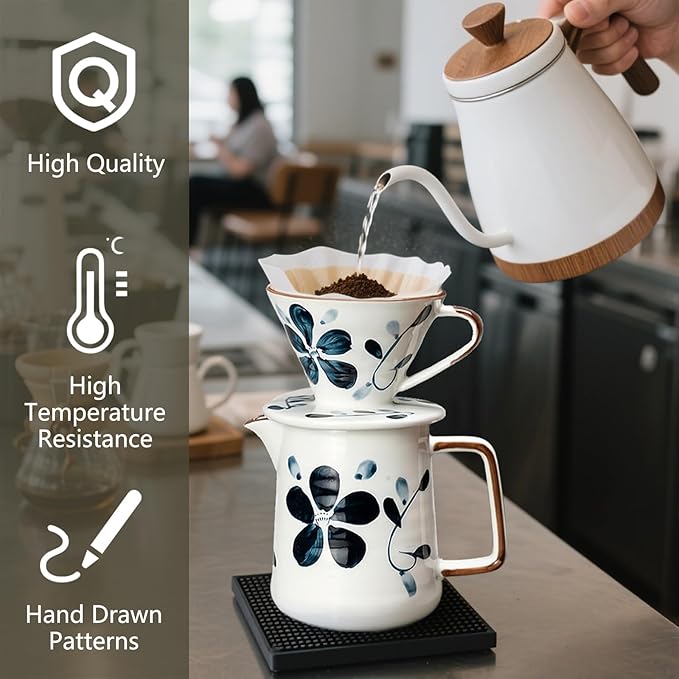 Ceramic Pour Over Coffee Maker Set, 60 Angle Ceramic Coffee Dripper with Single Hole, Coffee Pot & 100 Paper Filters for Home, Travel, Camping (1-4 Cup)