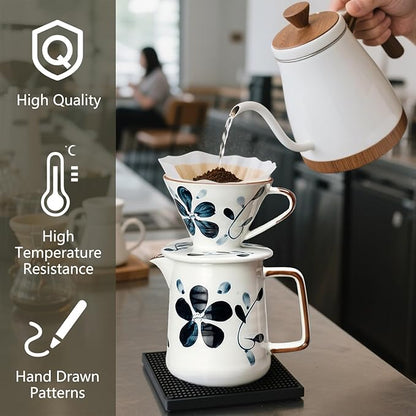 Ceramic Pour Over Coffee Maker Set, 60 Angle Ceramic Coffee Dripper with Single Hole, Coffee Pot & 100 Paper Filters for Home, Travel, Camping (1-4 Cup)