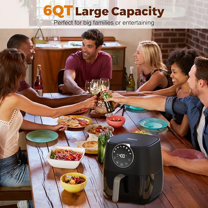 JOYAMI Air Fryer 6 QT, Air Fryer with Window, Online Recipes, 8 Cooking Functions for Air Fry, Bake, Roast, Broil & More, Nonstick Basket Dishwasher Safe, 1700W, Black