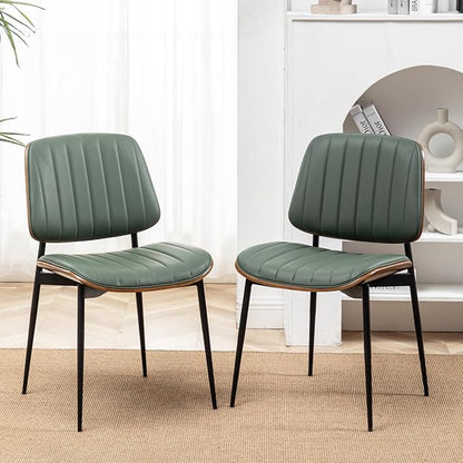 LUNLING Dining Chairs Set of 4 Mid Century Modern Retro Faux Leather Chair with Walnut Bentwood Upholstered Seat Metal Legs Chairs,Adjustable Foot for Kitchen Dining Room Chairs(Green)