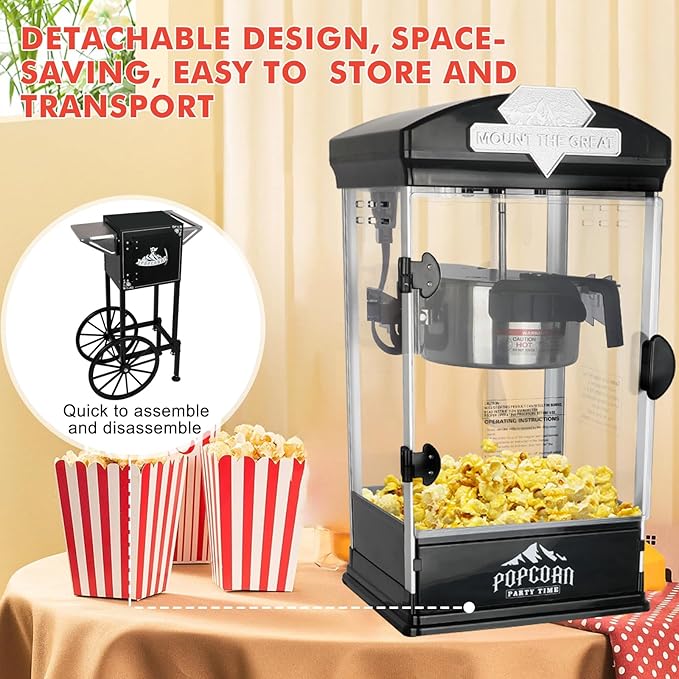 Popcorn Machine with Cart, Wheels & 10 Oz Kettle Popcorn Maker, Movie Theater Popcorn Maker Machine, Home Theater Popcorn Popper Measuring 3 Plastic Spoons