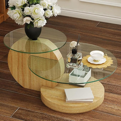 35 Inch Glass Coffee Table，Round Coffee Table with 2-Tier Tempered Glass Tabletop，Easy to Clean Circle Coffee Table with Sturdy Base for Living Room，Office (Wood-Colored Base)