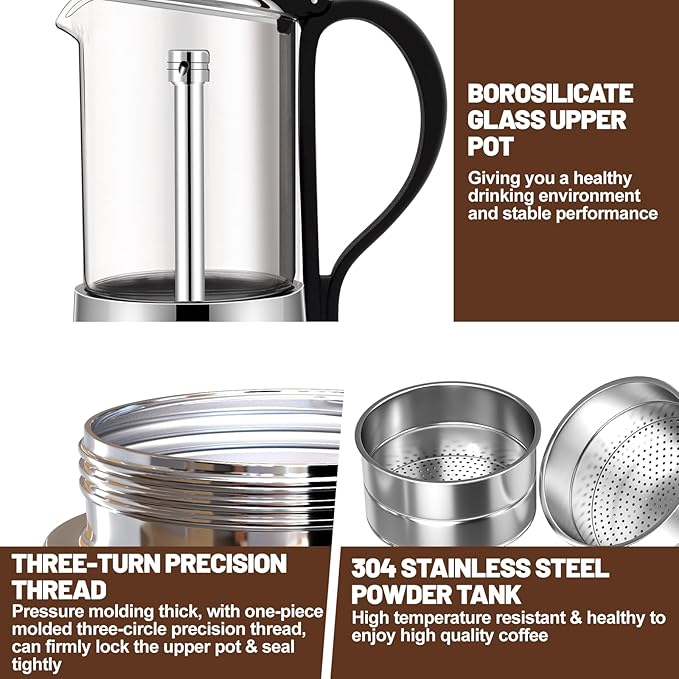 4 Cup Glass Transparent Moka Pot Stainless Steel Uncoated Stovetop Espresso Maker Italian Coffee Makers Mocha Greca Machine Cafe Classic Induction Cookers for Home Camping 220ml