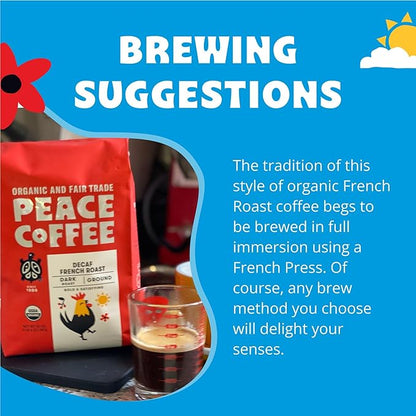 Peace Coffee Decaf French Roast | 20 oz Whole Bean Dark Roast | Organic Fair Trade | Rich, Bold Flavor | Shade Grown, Fresh Roasted