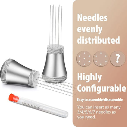 WDT Espresso Distribution Tool Espresso Stirrer Tools for Barista, 0.35mm 7 Needles Espresso Coffee Stirrer with Extra 7 Replaceable Needles, Aluminum Alloy Handle with Stand (Silver)