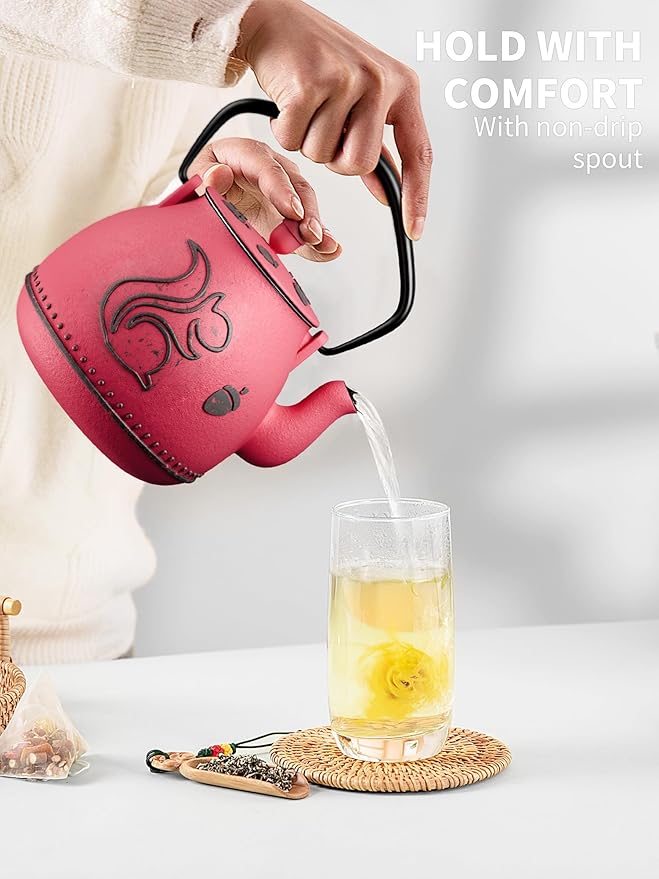 Toptier Teapot with Removable Infuser, Cast Iron Tea Kettle Stovetop Safe, Squirrel Design Tea Pot Coated with Enameled Interior for 32 Ounce (950 ml), Red