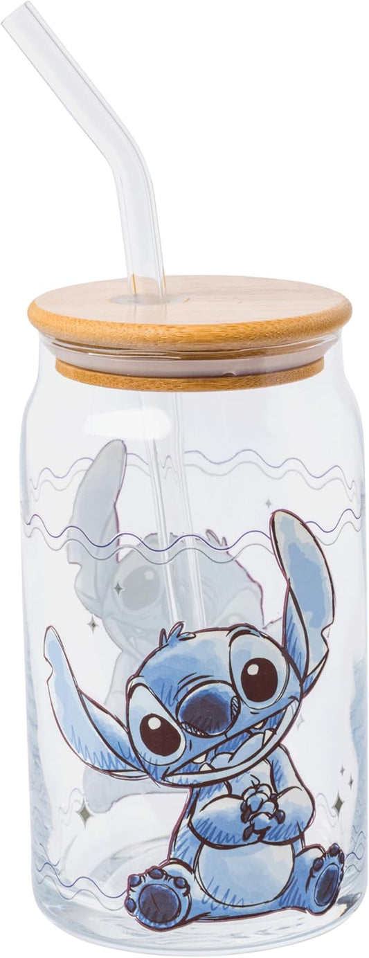 Silver Buffalo Disney Lilo and Stitch Sitting Glass Jar Tumbler with Bamboo Lid and Glass Straw, 16 Ounces