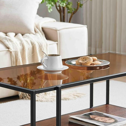 Shrine Glass Coffee Table, Modern Design, Dual-Layer Coffee Table for Living Room, Black-Plated Metal Frame, Brown Glass Top, Walnut Wood Panels