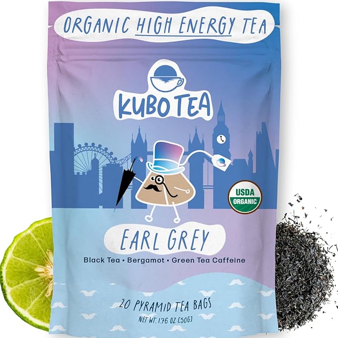 High Caffeine Tea (155 mg) - Kubo Tea: Organic Earl Grey Black Tea Bags for Clean Energy & Focus | Healthy Coffee Substitute | Bergamot Caffeine Blend | 20 Ct | Compostable Packaging