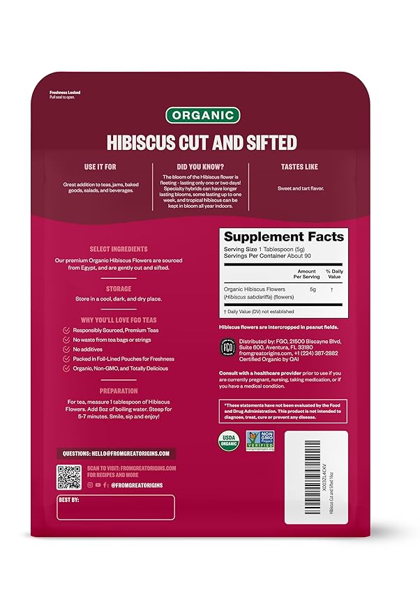 FGO Organic Hibiscus Flowers, Cut and Sifted Loose Tea, 16 Ounce Bulk Resealable Bag (Pack of 2)