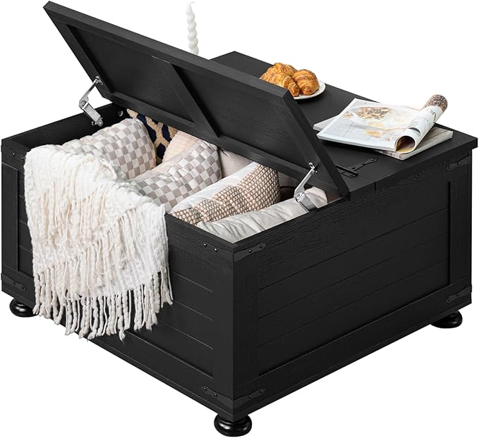 Farmhouse Coffee Table with Hidden Storage,Wood Square Center Table for Living Room, Large Rustic Cocktail Tables with Flip-Top Lids, Farm House Tables with Wooden Gourd Feet,Natural Black