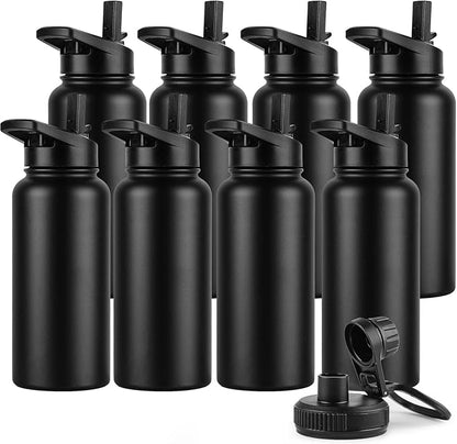 DOMICARE 32 oz Insulated Water Bottle Bulk, Vacuum Insulated Stainless Steel Sports Water Bottle with Straw Lid & Spout Lid, Leakproof, Reusable - Travel, Camping, Bike, Black (8 Pack)