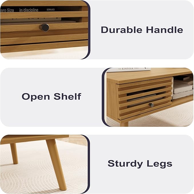 Coffee Table, Mid Century Modern Table with Storage, Living Room Center Table with Slatted Panel Drawer, Fluted Wood Coffee Table with Open Shelf for Living Room, Oak