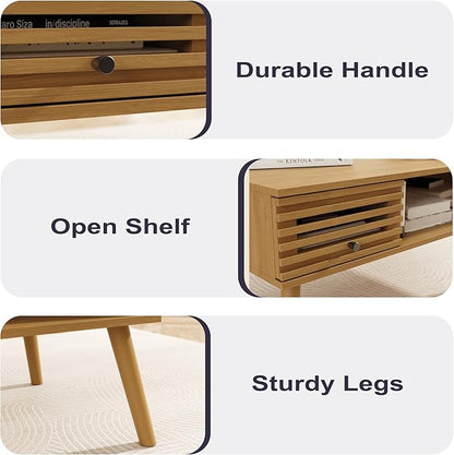 Coffee Table, Mid Century Modern Table with Storage, Living Room Center Table with Slatted Panel Drawer, Fluted Wood Coffee Table with Open Shelf for Living Room, Oak