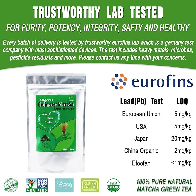 EFOOFAN Organic Matcha Green Tea Powder, Culinary Grade(1lb/16oz), USDA/JAS/EC Certified, Japanese Sencha Tea Flavor, Earthy and Grassy for Cooking, Dessert, Pastry or Blends