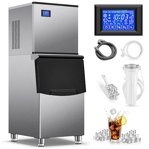 Commercial Ice Maker Machine 500Lbs/24H with 350Lbs Large Ice Storage Bin, Freestanding Ice Maker 156Pcs Clear Ice Cubes in 10Mins, Auto-Clean Stainless Steel Industrial Ice Machine for Restaurant