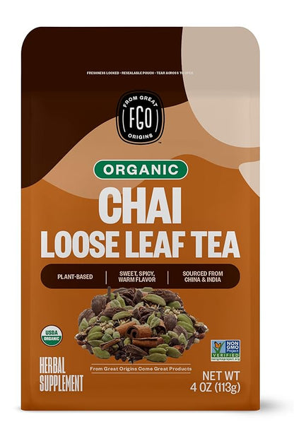 FGO Organic Chai Tea, 4 Ounce Loose Leaf, Resealable Bag, Packaging May Vary (Pack of 1)